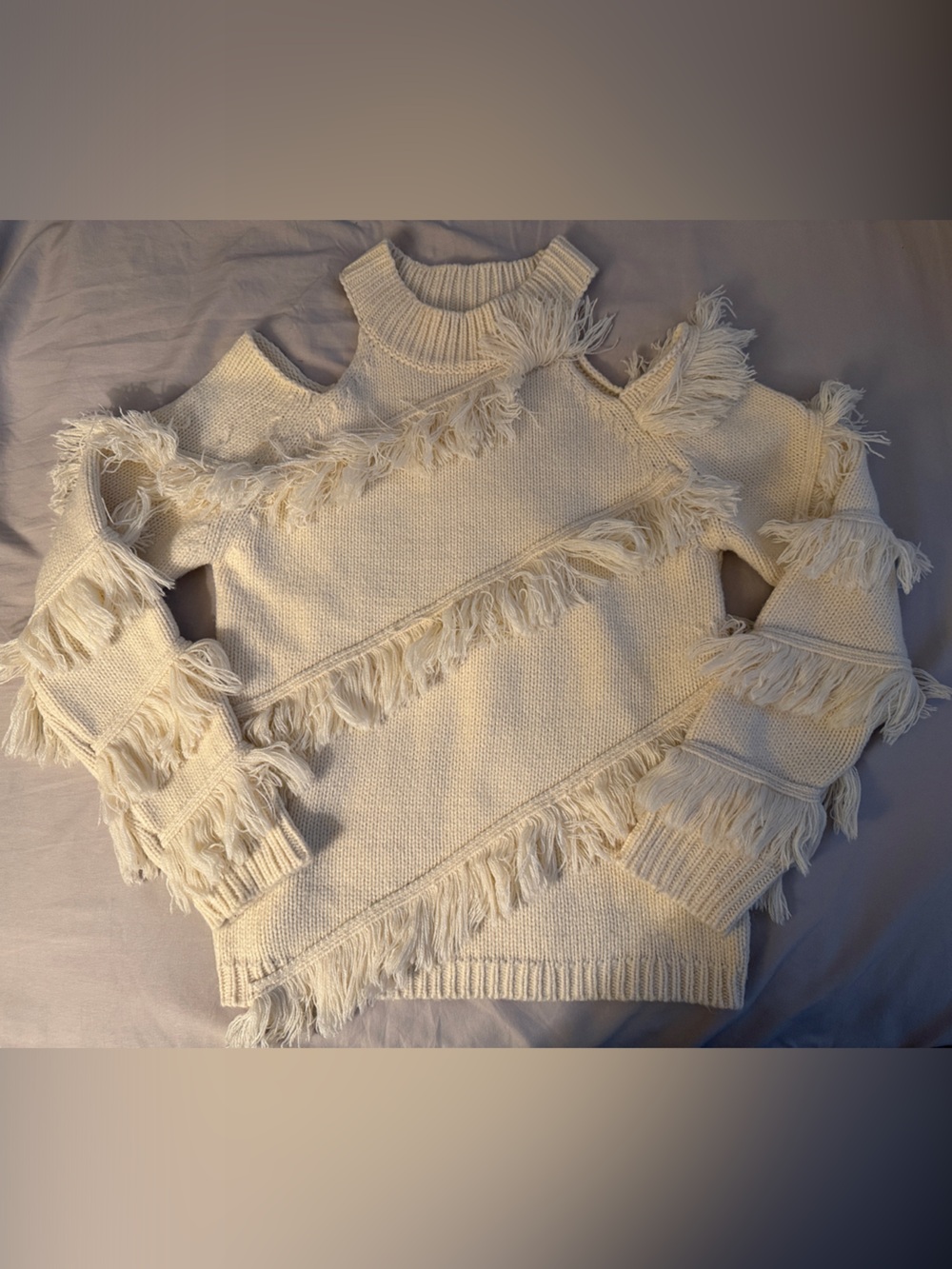 Cold-Shoulder Fringe Sweater in Cream